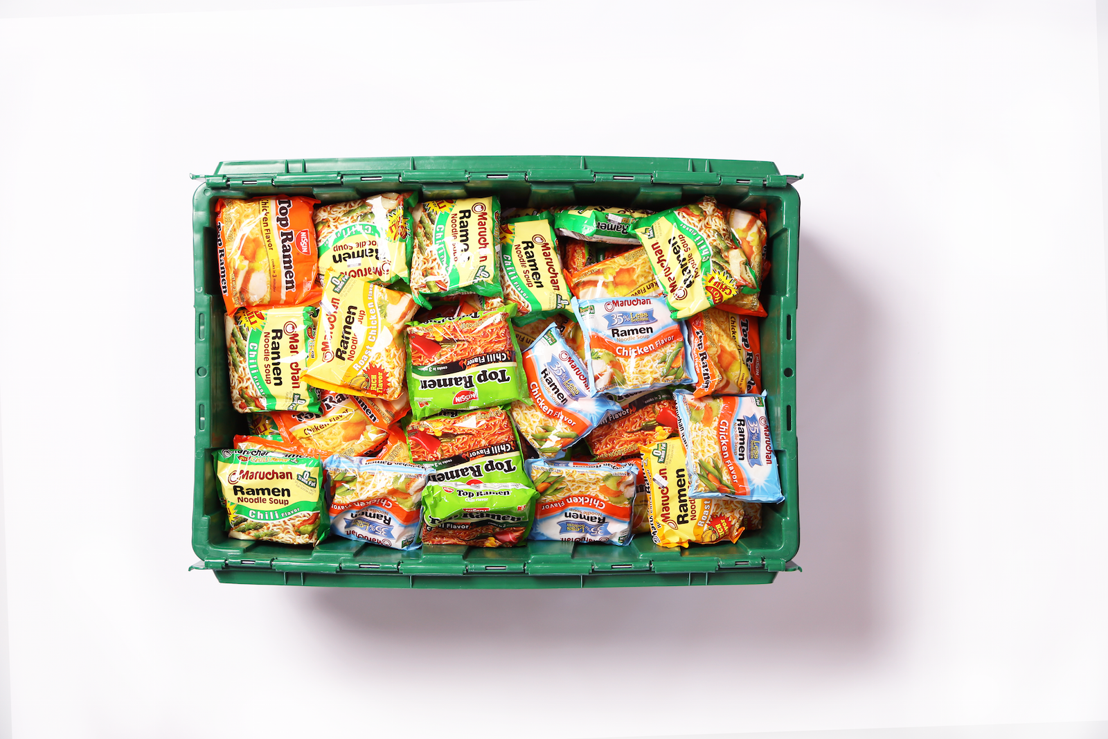 A MakeSpace storage bin full of ramen packets