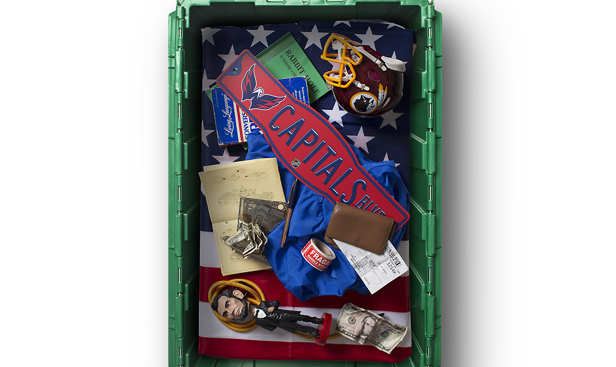 A MakeSpace bin full of sports merchandise from Washington DC.