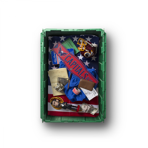 A MakeSpace bin full of sports merchandise from Washington DC.