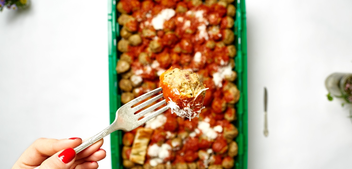 A MakeSpace storage bin full of meatballs from The Meatball Shop.