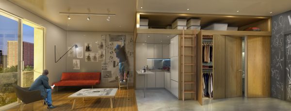 Interior of a My Micro NY micro apartment in Kips Bay, Manhattan during the day