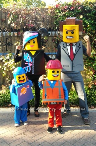 A family of LEGO movie characters wearing DIY Halloween costumes.