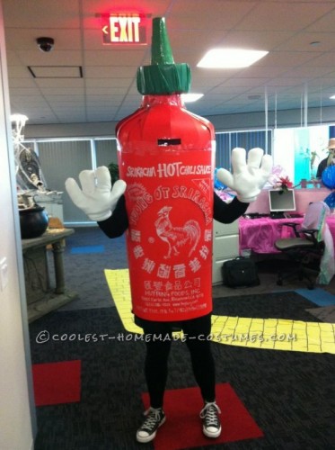 A homemade Sriracha bottle Halloween costume.