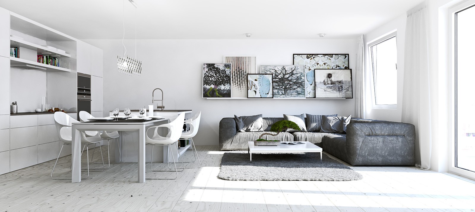 A white interior in a studio apartment reflects light to make a room feel bigger.