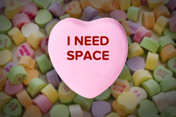 A pink "I need space" candy heart created by MakeSpace storage for Valentine's Day.
