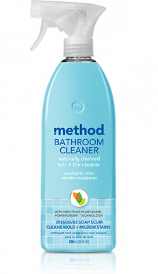 a bottle of eucalyptus mint method bathroom cleaner, a naturally derived tub and tile cleaner