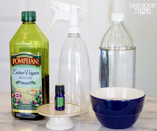 homemade dusting spray by one good thing by jillee ingredients: water, vinegar, olive oil, and lemon essential oil