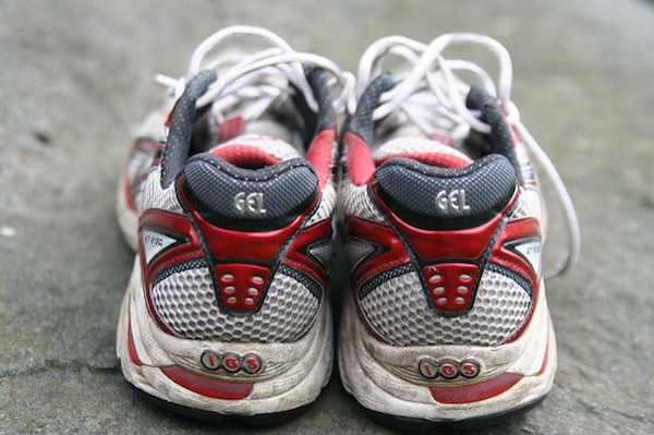 a closeup of a pair of old running shoes