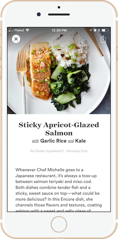 a typical offering on the Plated app is a salmon-based dish