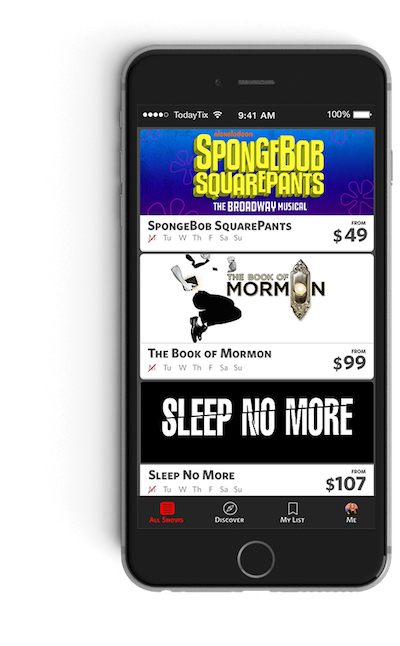 typical shows you can see through todaytix include Sleep no more and spongebob squarepants