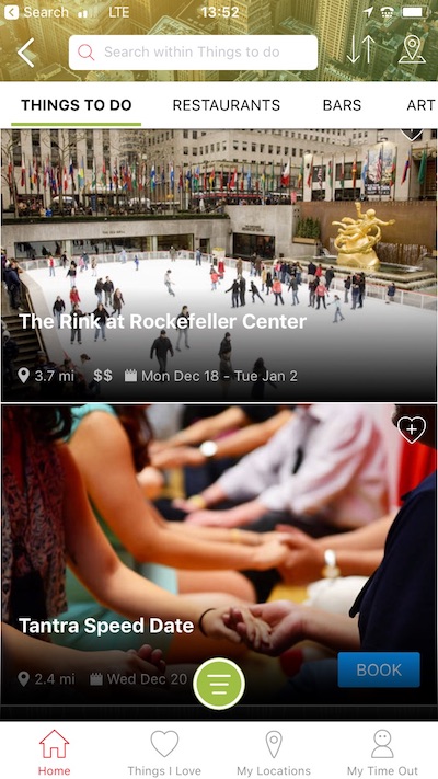 a screenshot of typical event ideas from time out, like ice skating and speed dating