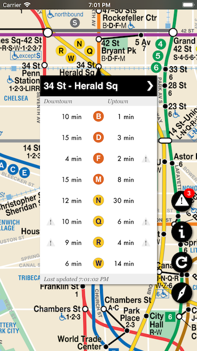 different metro lines on display via the underway app