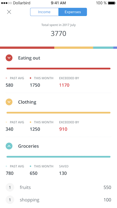 a summary of one user's expenses and income