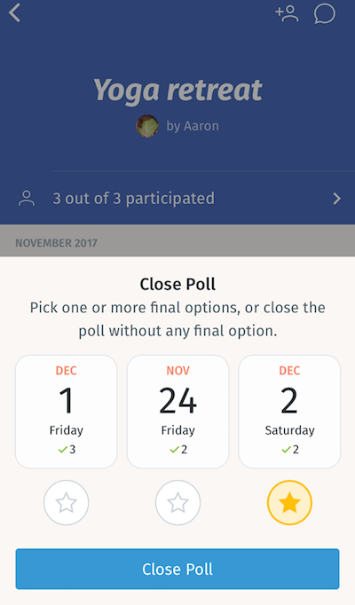 a typical poll on the Doodle app asking participants when is the best date for a yoga retreat