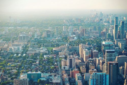 aerial view of city and suburbs