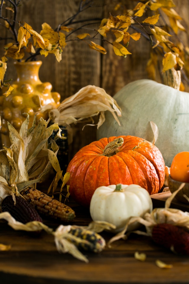A bright orange pumpkin surrounded by dry leaves and colorful corn.